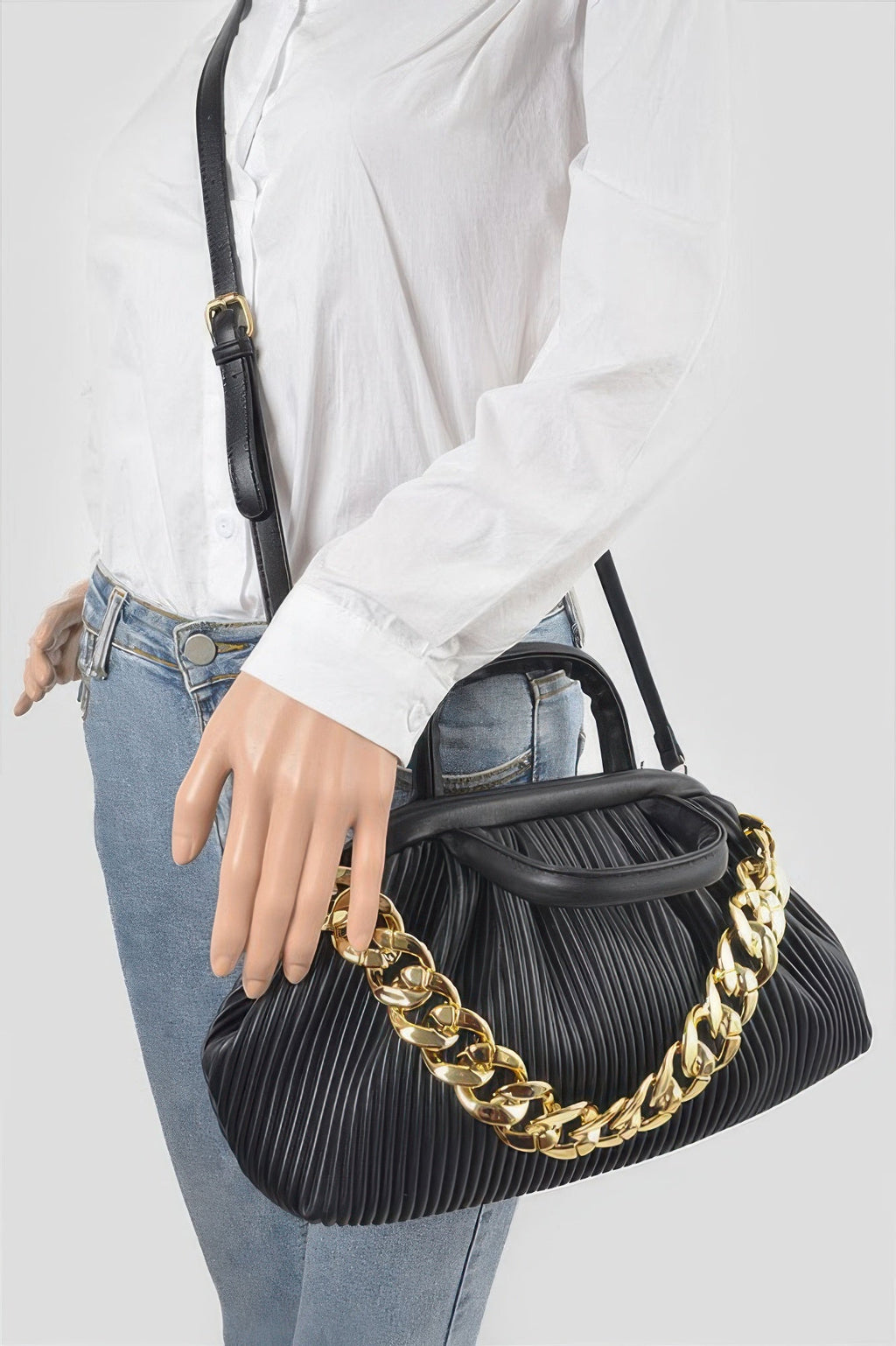 Pleated Faux Leather Top Handle Bag