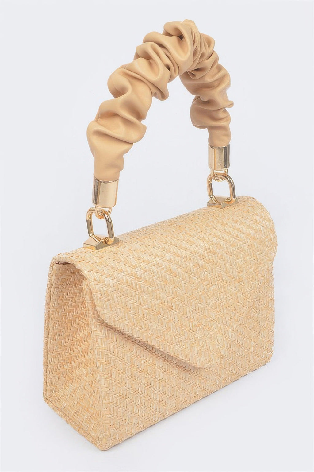 Faux Straw Top Handle Flap Bag