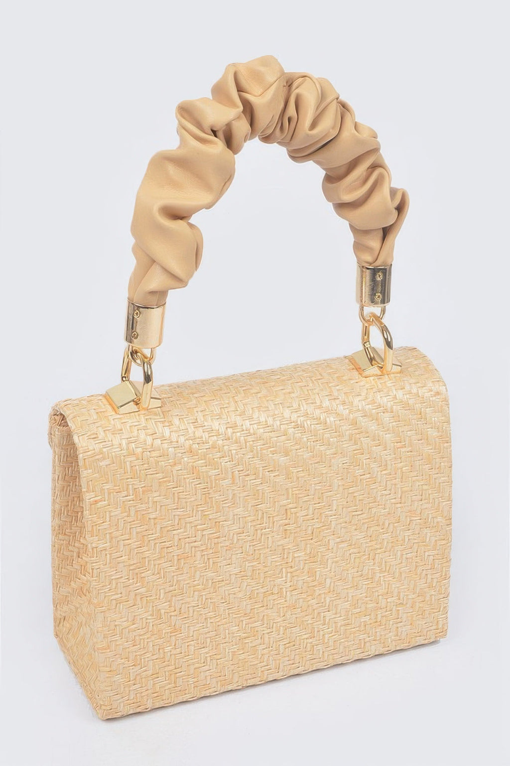 Faux Straw Top Handle Flap Bag
