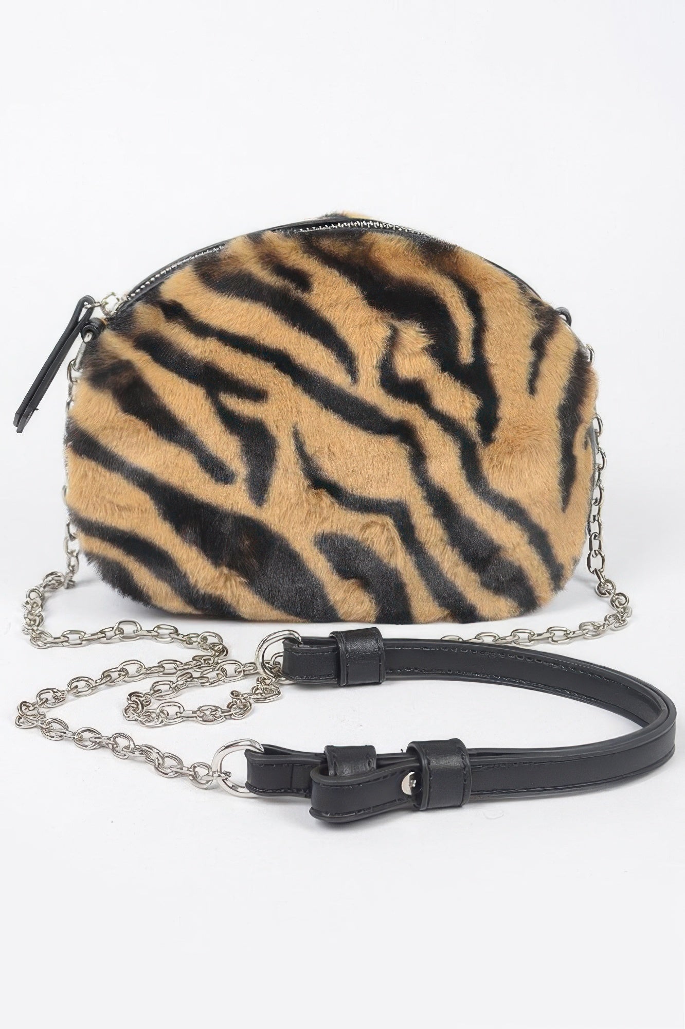 Tiger Print Fur Zip Crossbody Bag