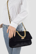 Quilted Fur Chain Flap Clutch