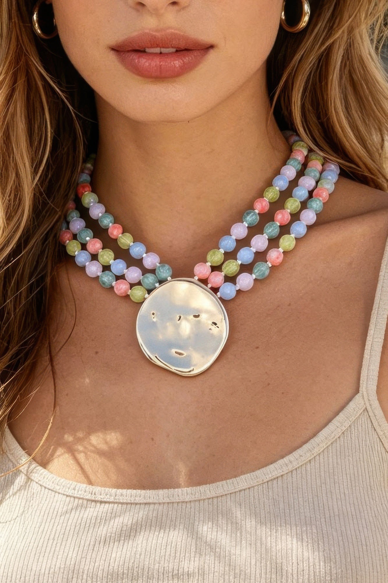 Triple Beaded Disc Statement Necklace