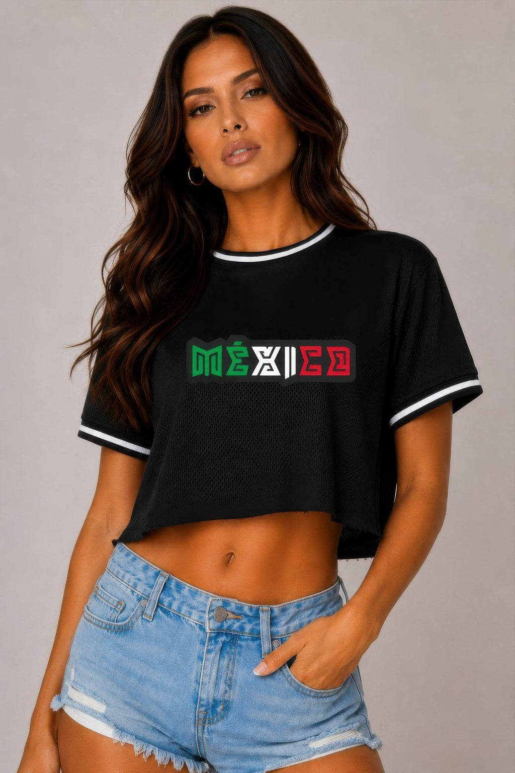 Micro Mesh Mexico Print Crop Top