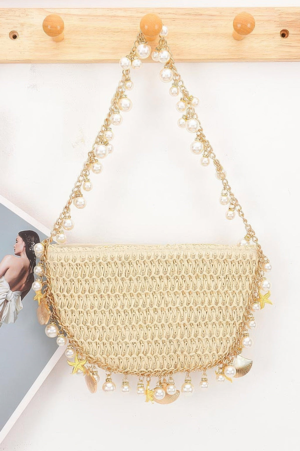 Nautical Charm Woven Pearl Shoulder Bag