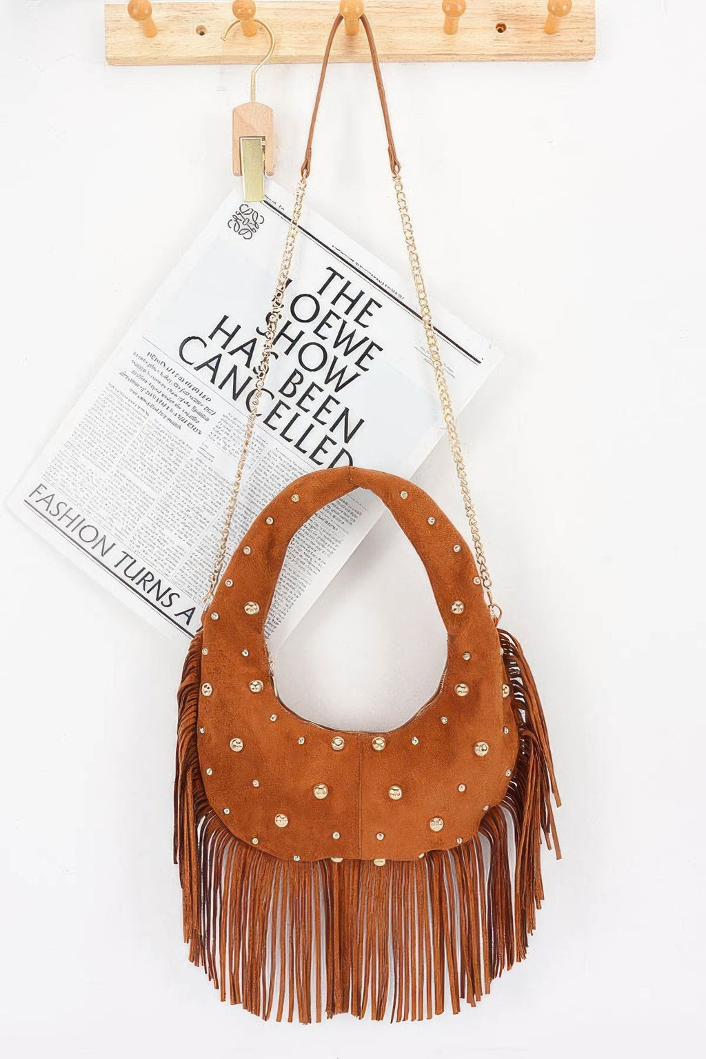 Faux Suede Metal Studded Fringe Hobo Bag