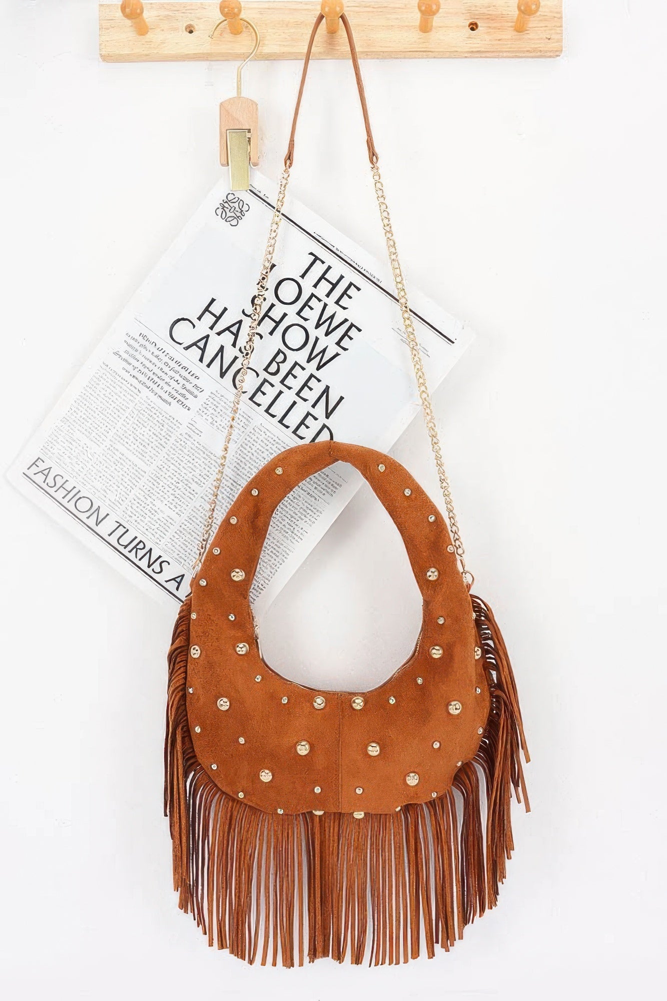 Faux Suede Metal Studded Fringe Hobo Bag