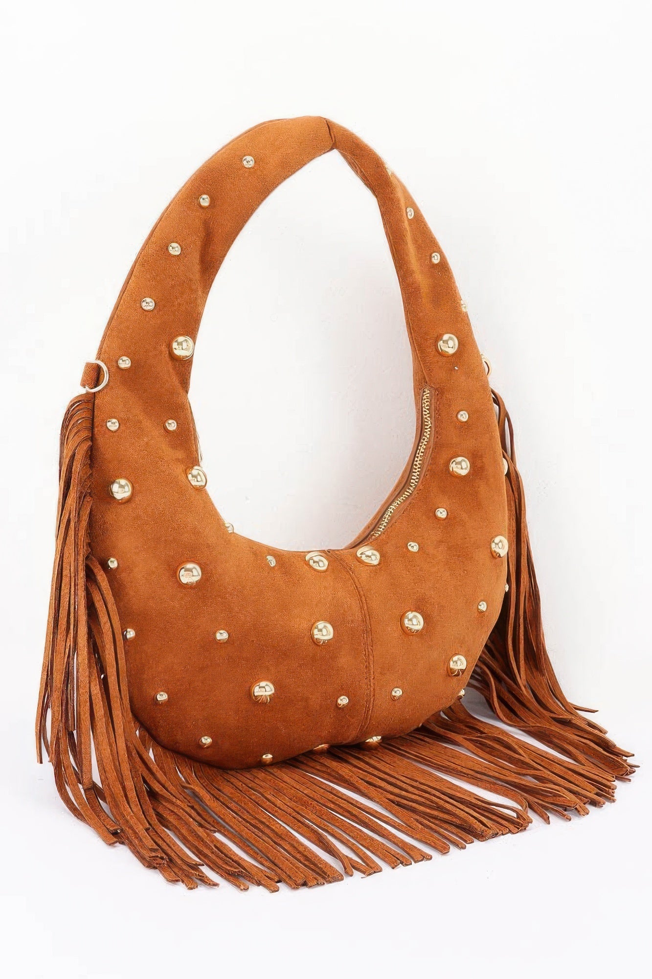 Faux Suede Metal Studded Fringe Hobo Bag