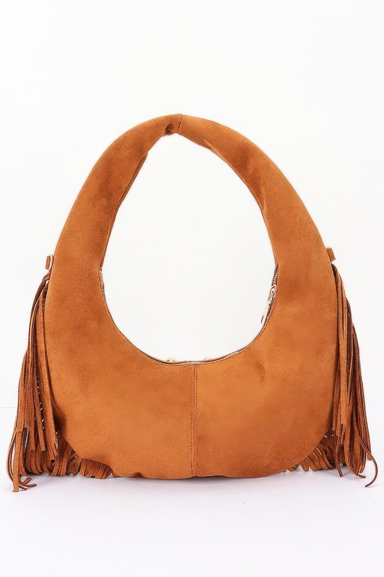 Faux Suede Metal Studded Fringe Hobo Bag