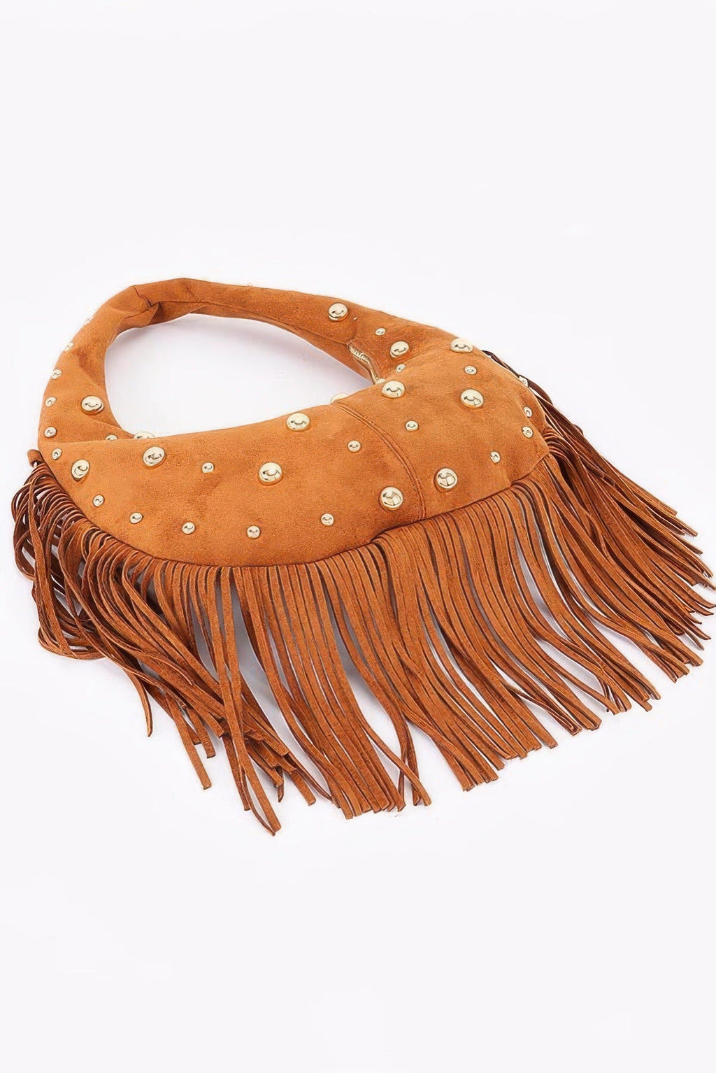 Faux Suede Metal Studded Fringe Hobo Bag