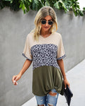 Crew Neck Color Block Animal Print Top