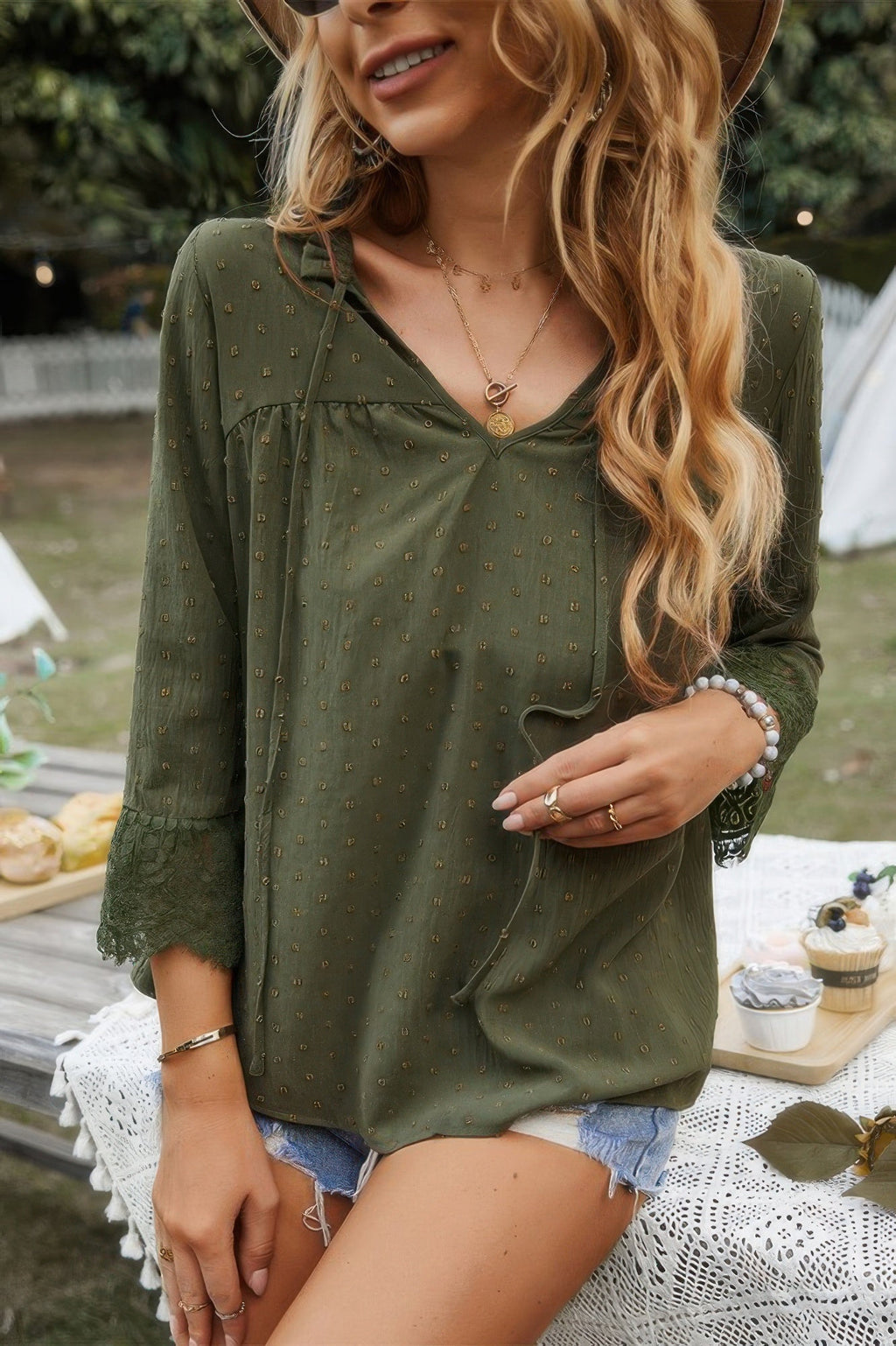 Swiss Dot Lace Splicing Sleeve V Neck Blouse