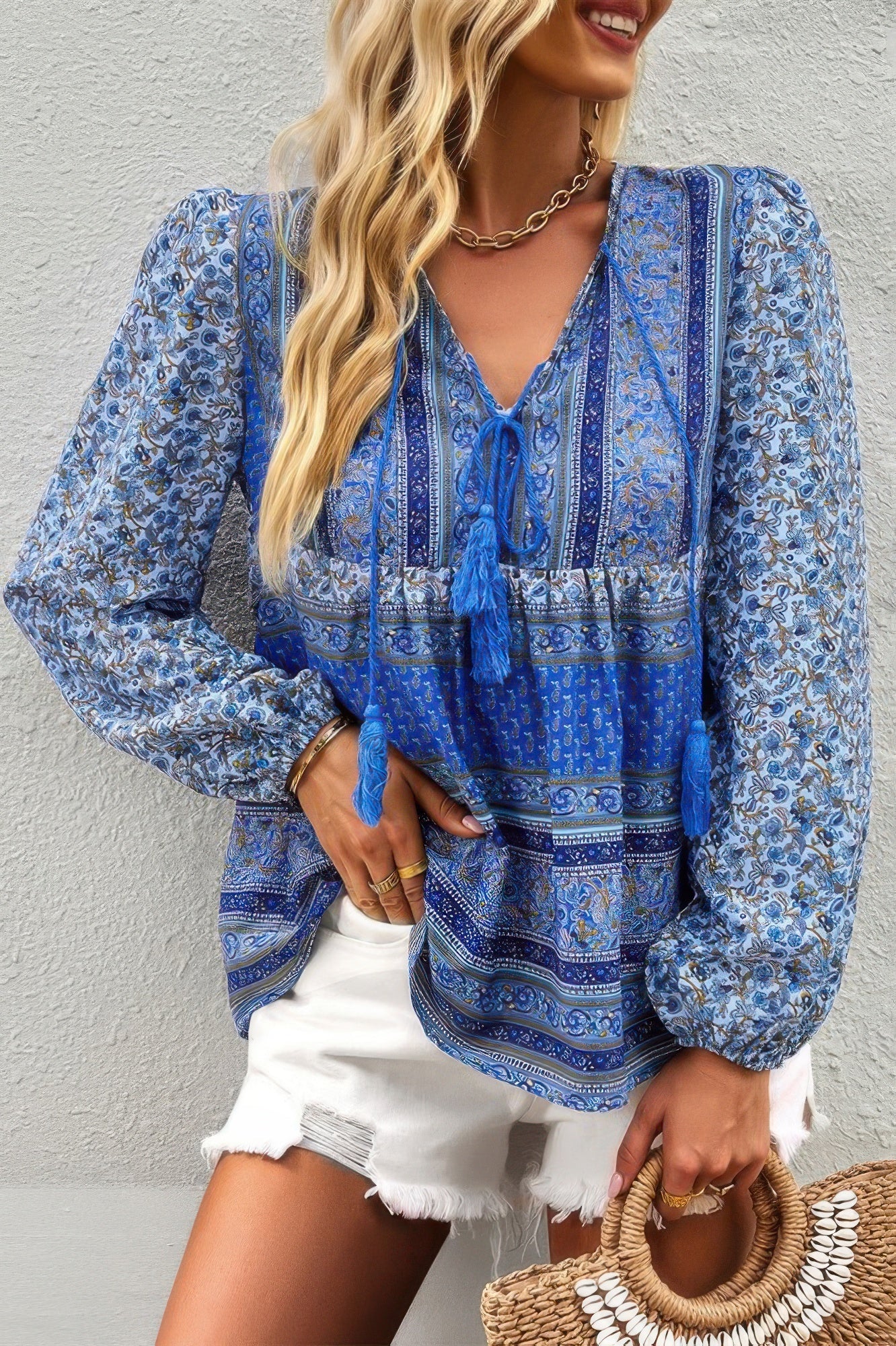 Tie Neck Boho Floral Tunics Long Sleeve Shirt