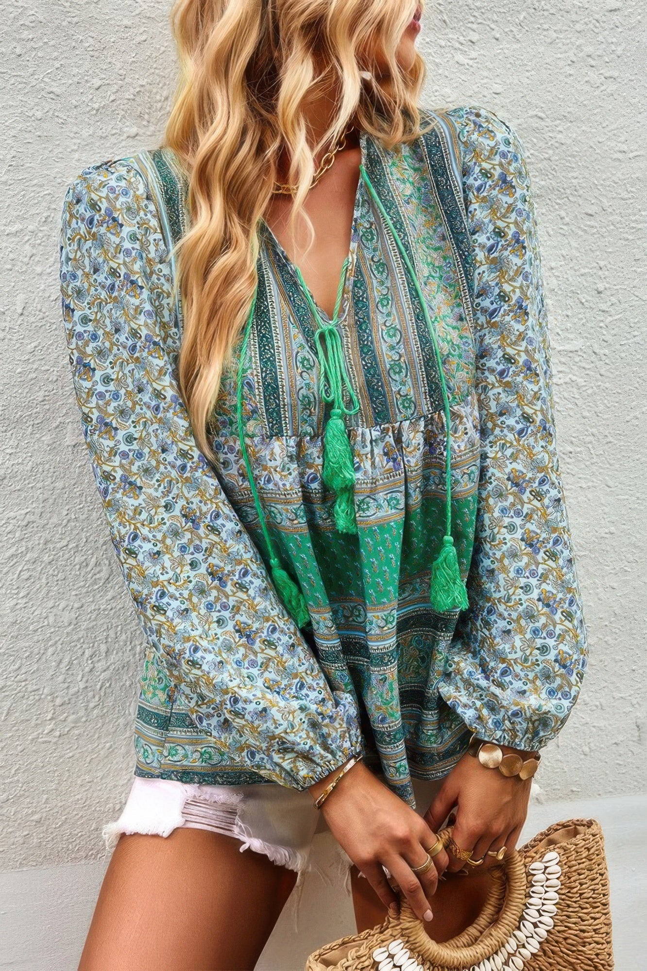 Tie Neck Boho Floral Tunics Long Sleeve Shirt