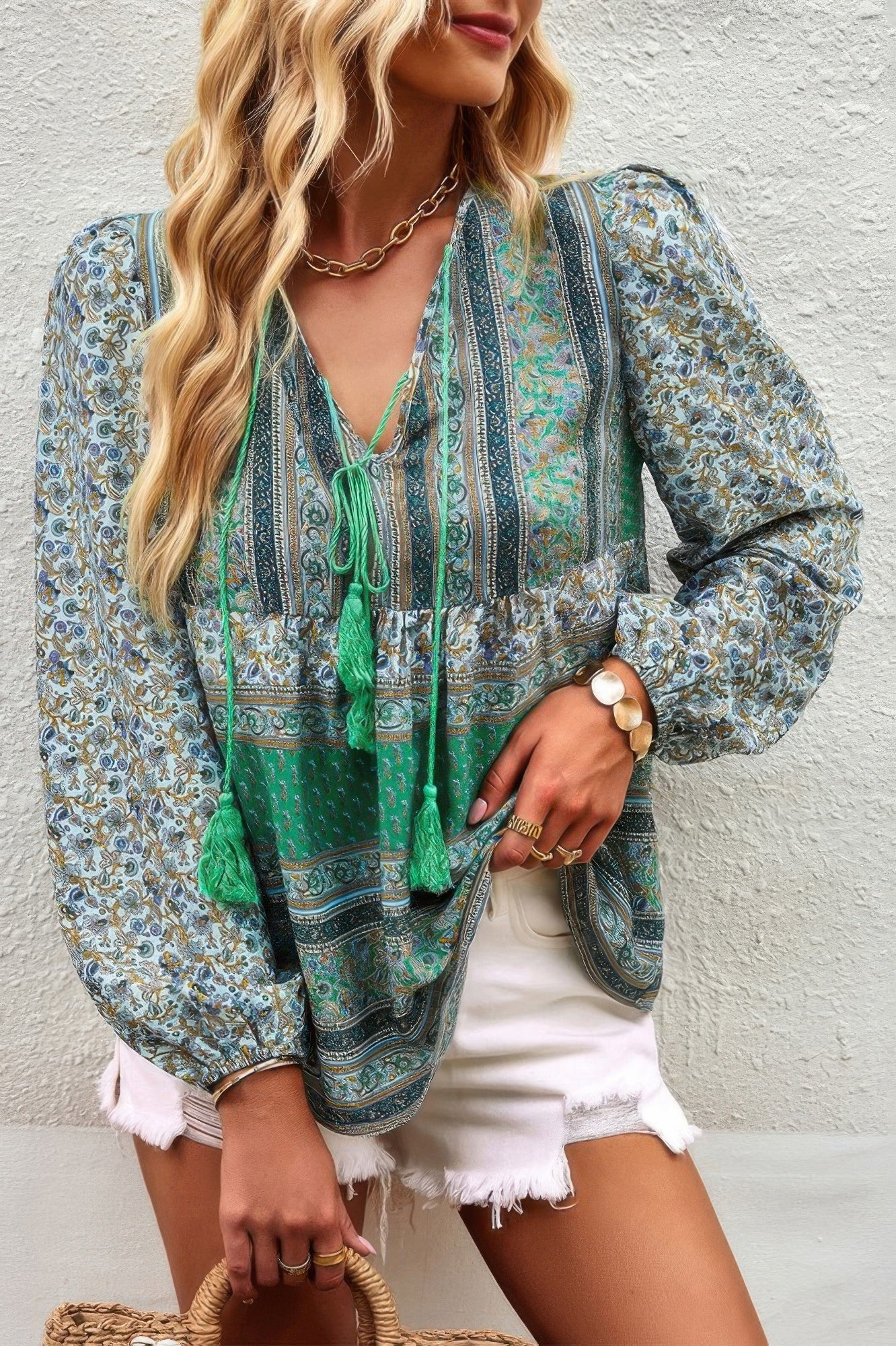 Tie Neck Boho Floral Tunics Long Sleeve Shirt