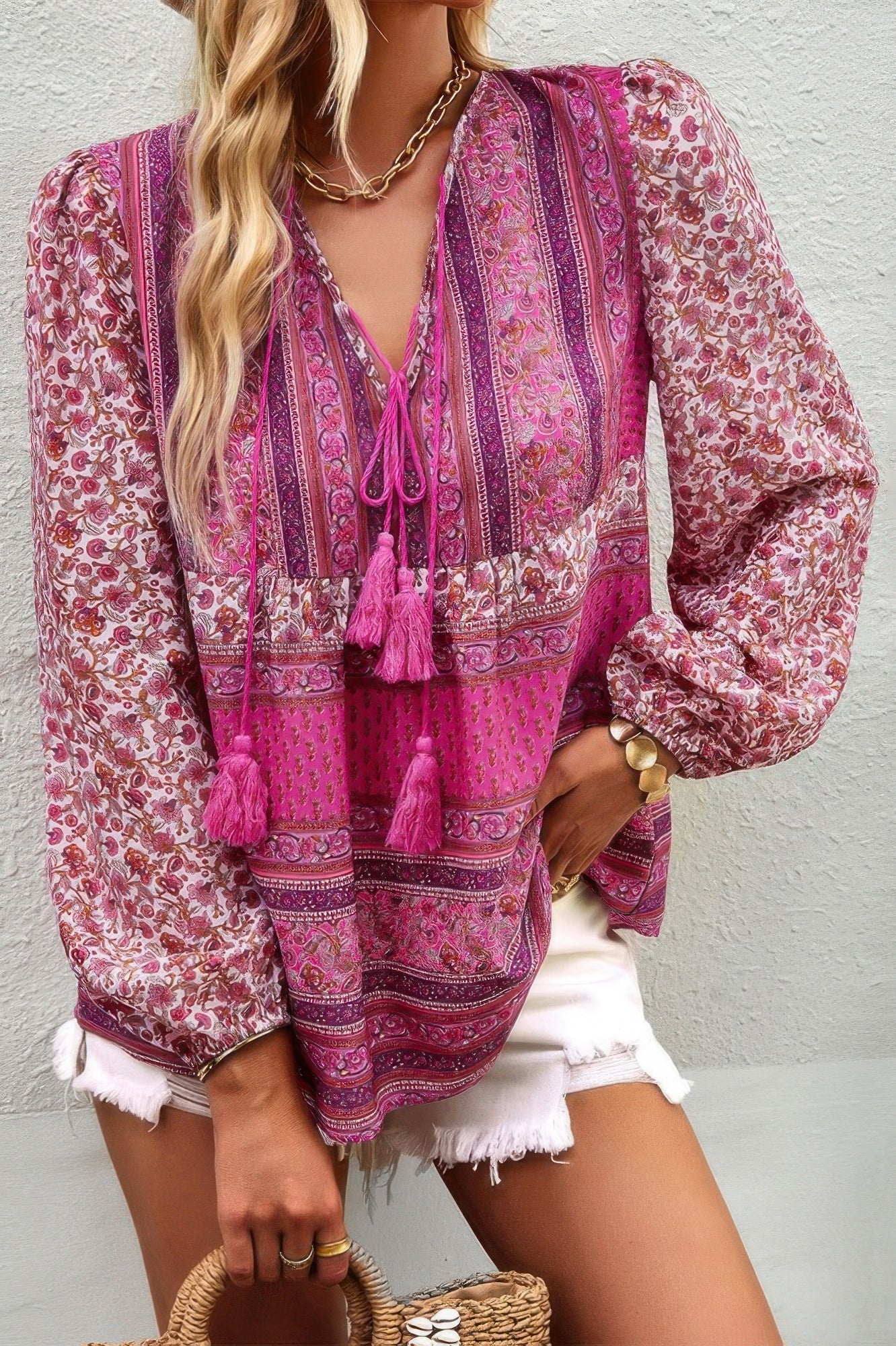 Tie Neck Boho Floral Tunics Long Sleeve Shirt