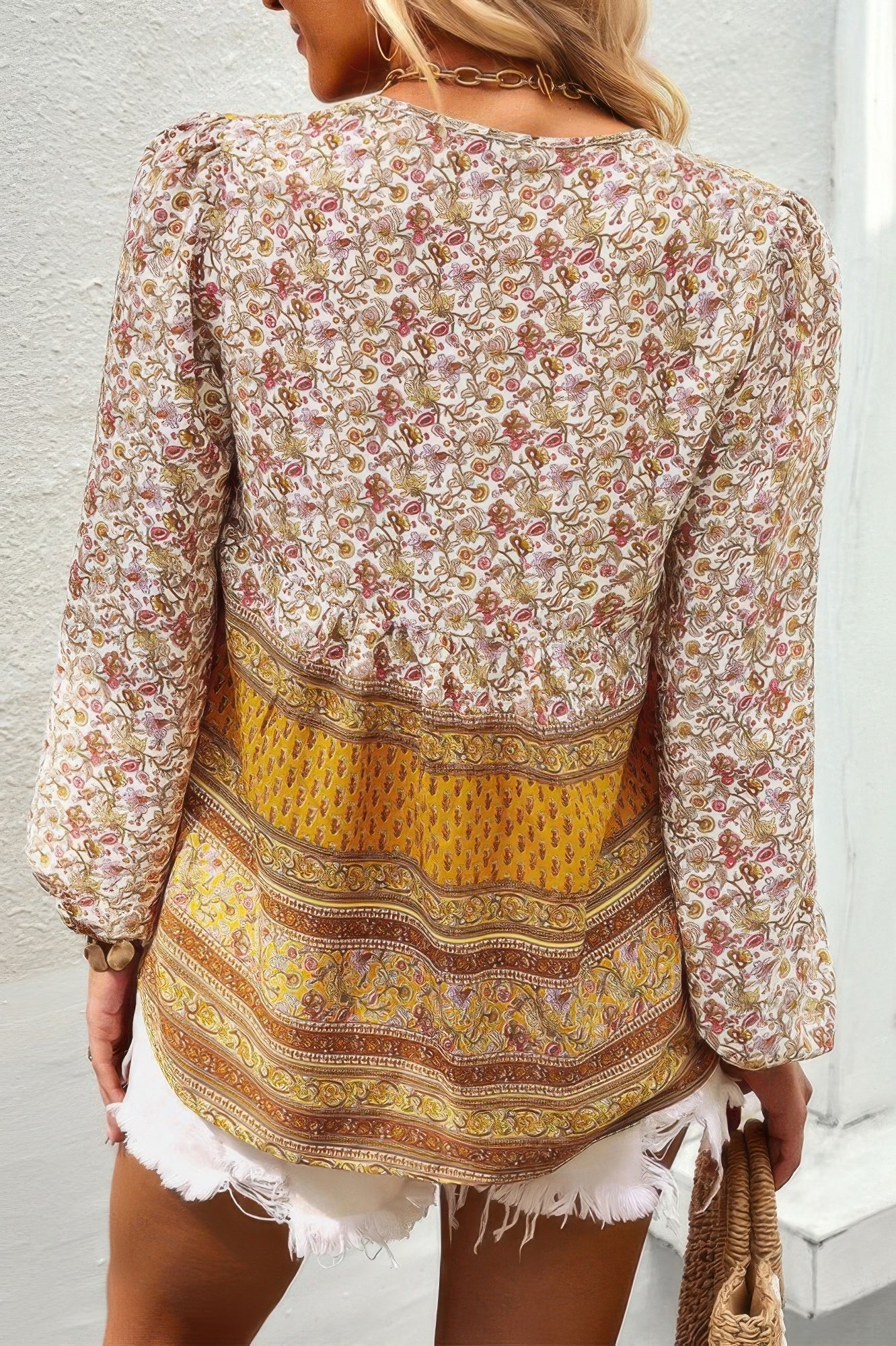 Tie Neck Boho Floral Tunics Long Sleeve Shirt