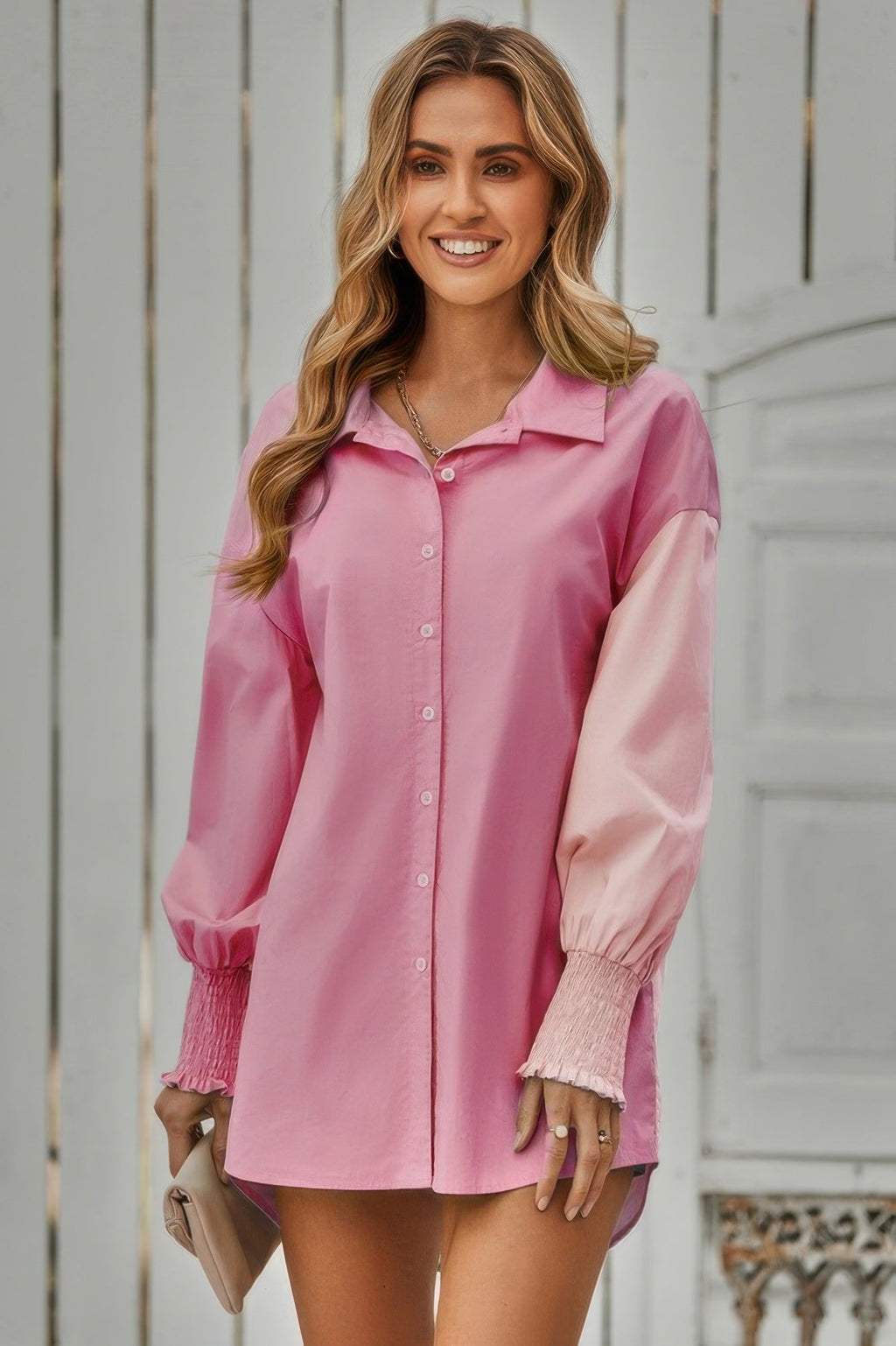 Color Block Button Down Cuffed Sleeves Blouse