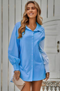 Color Block Button Down Cuffed Sleeves Blouse