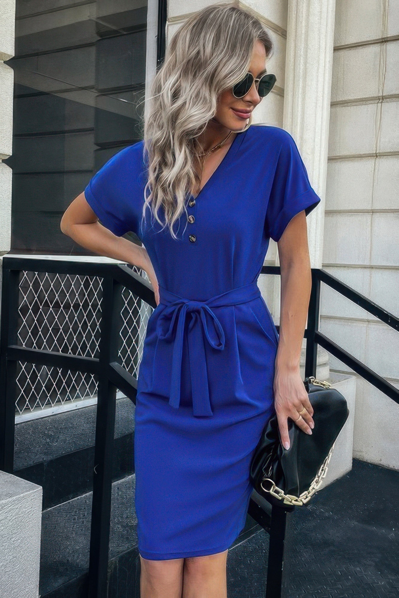 Solid Button Detail Cuffed Pocket Short Dress