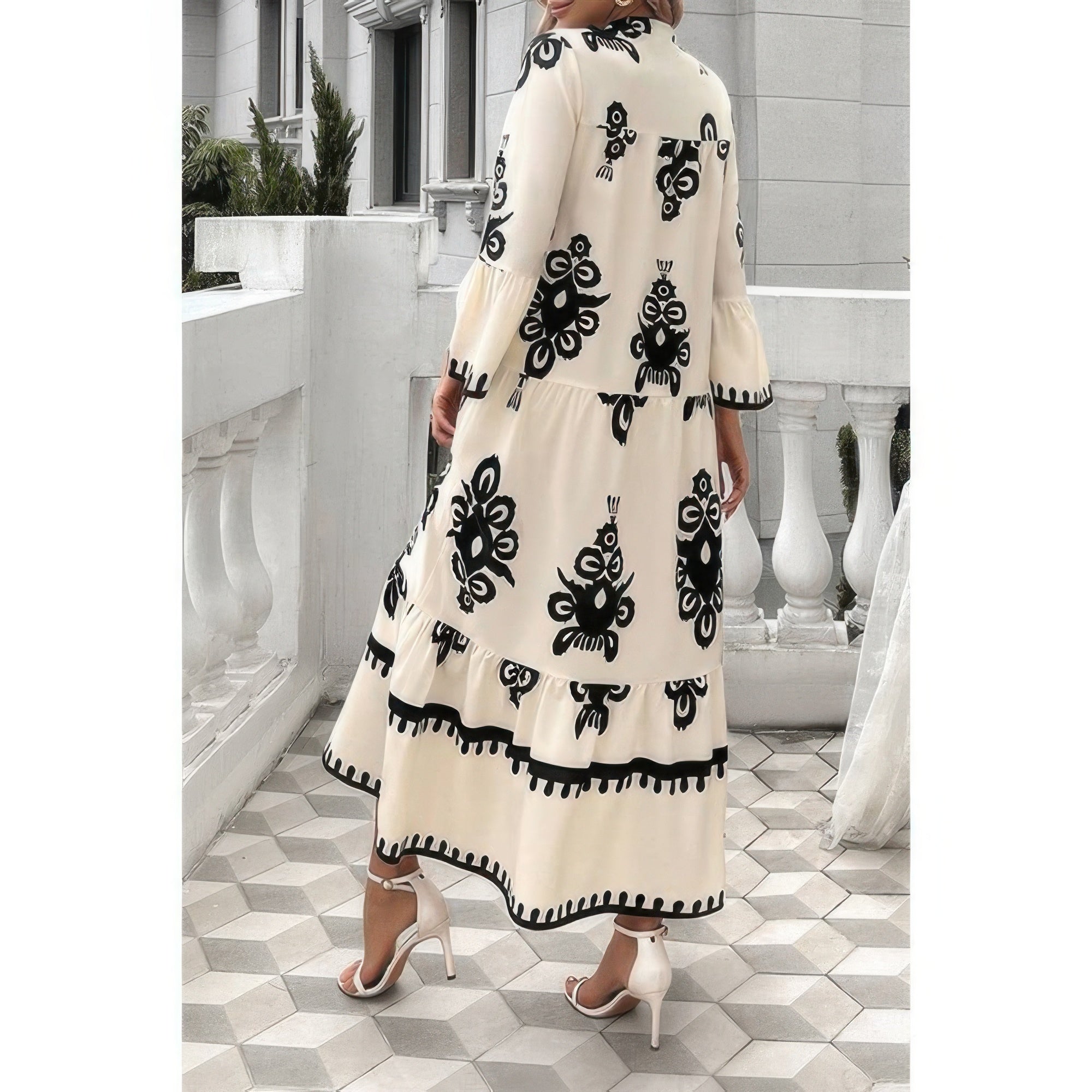 V Neck Stand Collar Button Floral Splicing Dress