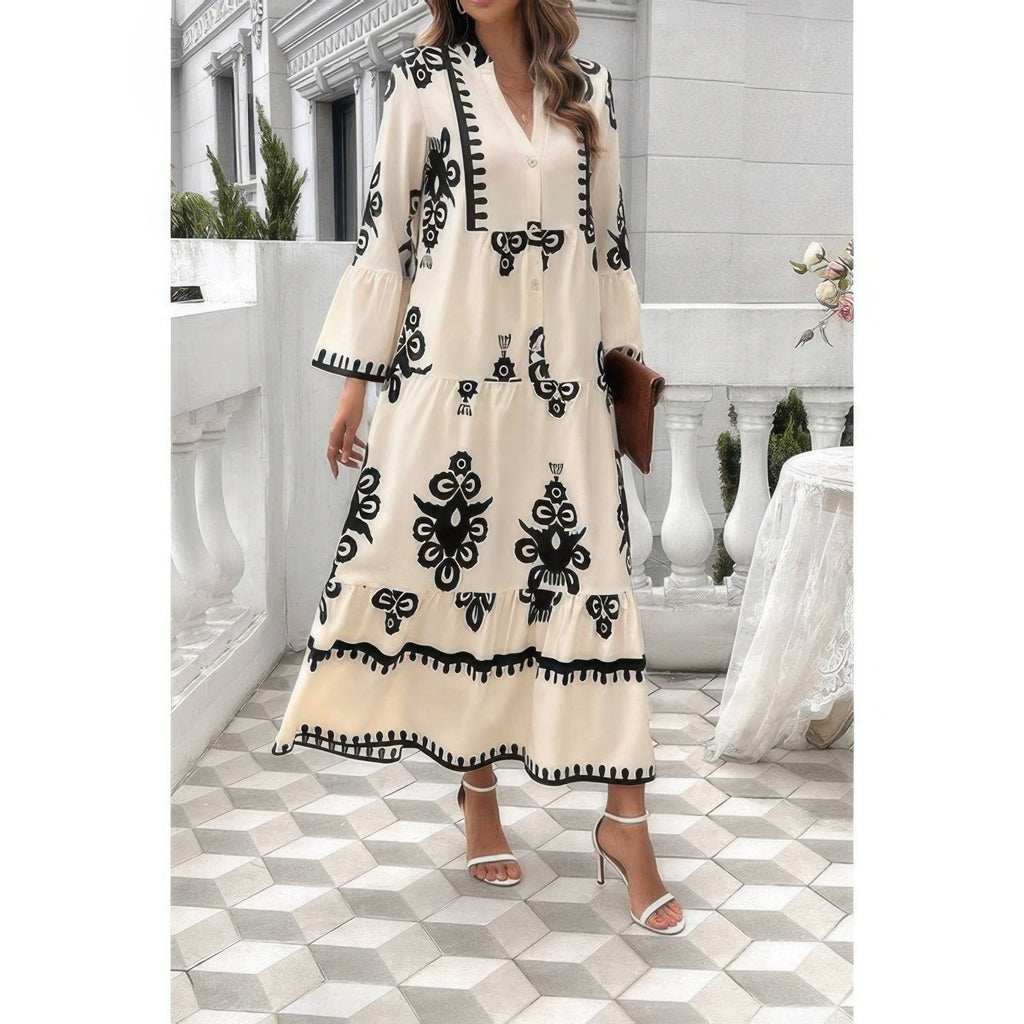 V Neck Stand Collar Button Floral Splicing Dress