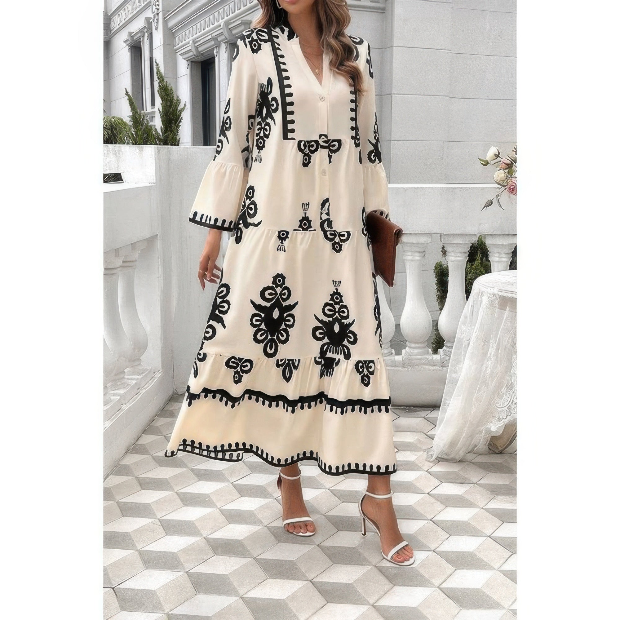 V Neck Stand Collar Button Floral Splicing Dress