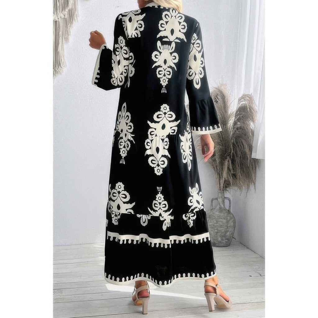 V Neck Stand Collar Button Floral Splicing Dress