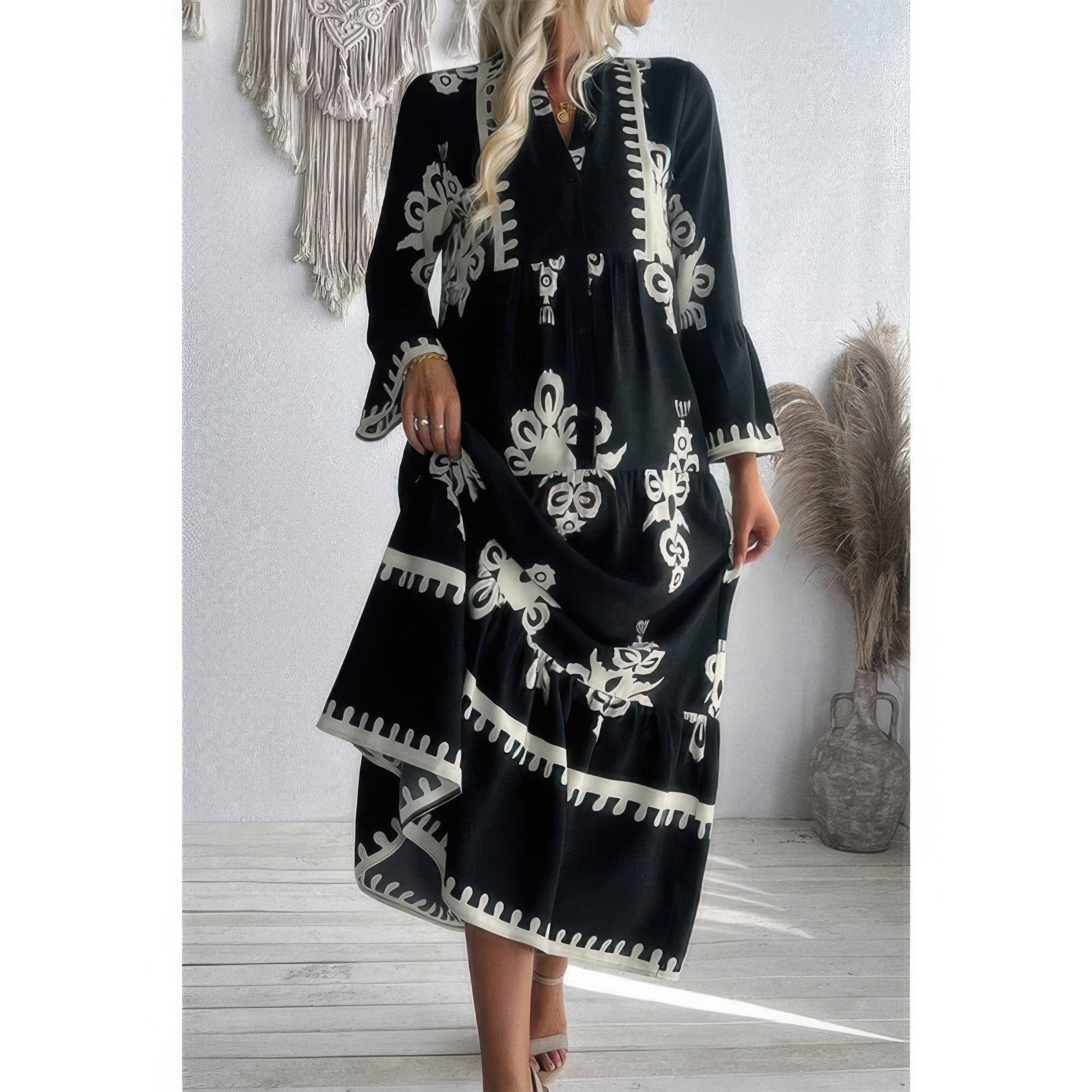 V Neck Stand Collar Button Floral Splicing Dress
