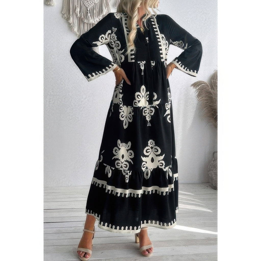 V Neck Stand Collar Button Floral Splicing Dress