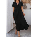 Solid V Neck Puff Sleeves Solid Knot Detail Dress