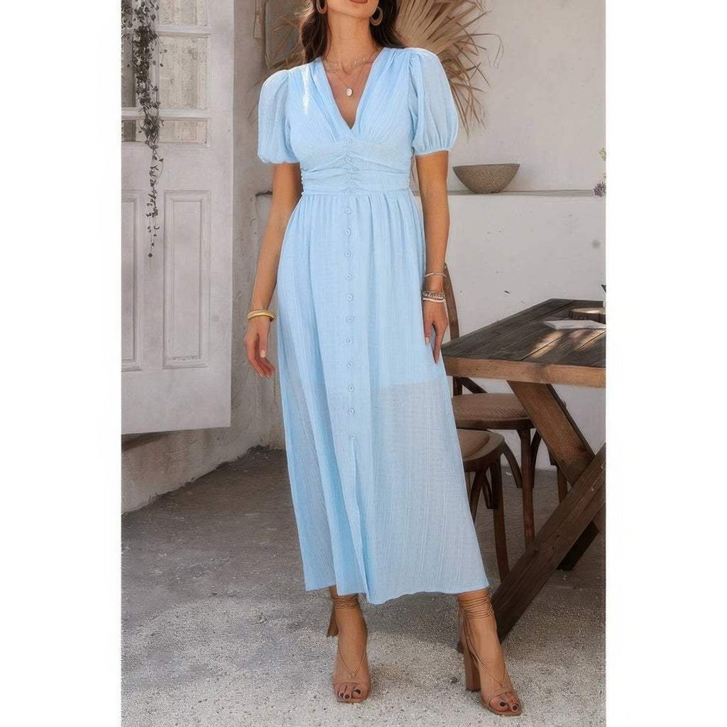 Solid V Neck Puff Sleeves Solid Knot Detail Dress