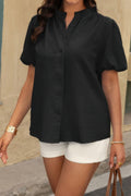 Button Down Lantern Puff Short Sleeve V Neck Top