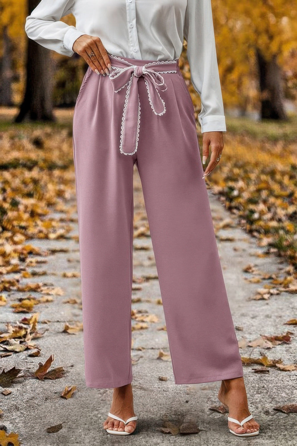 Straight Leg Elastic High Waist Lace Tie Trim Pant