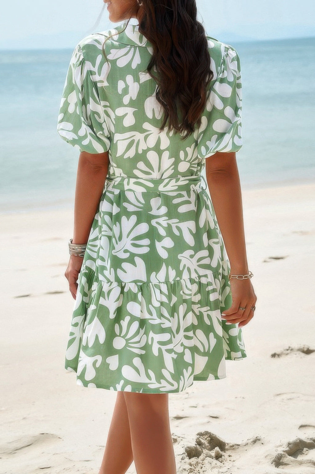 Random Print Button Down Belt Ruffle Midi Dress