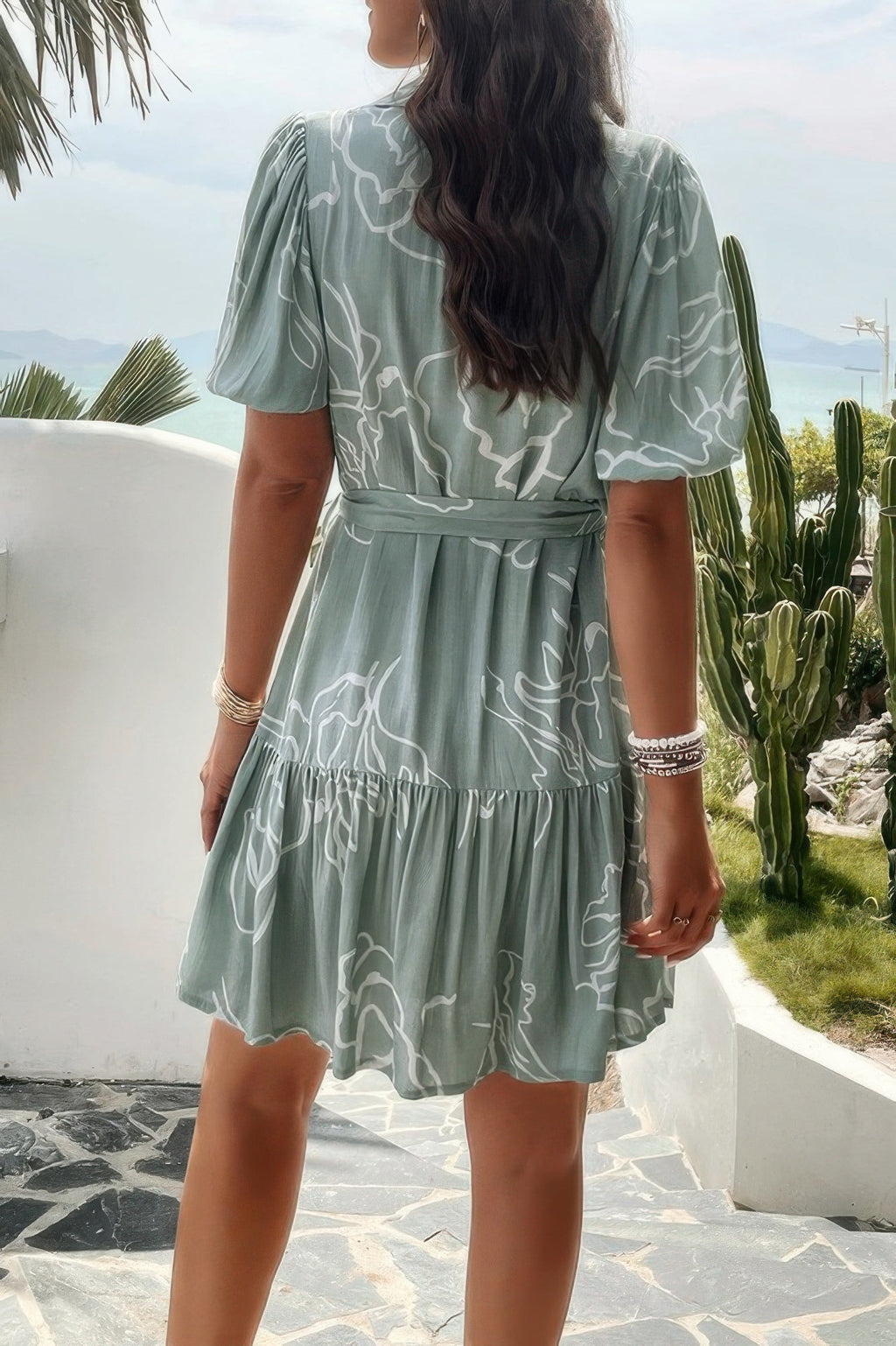 Random Print Button Down Belt Ruffle Midi Dress