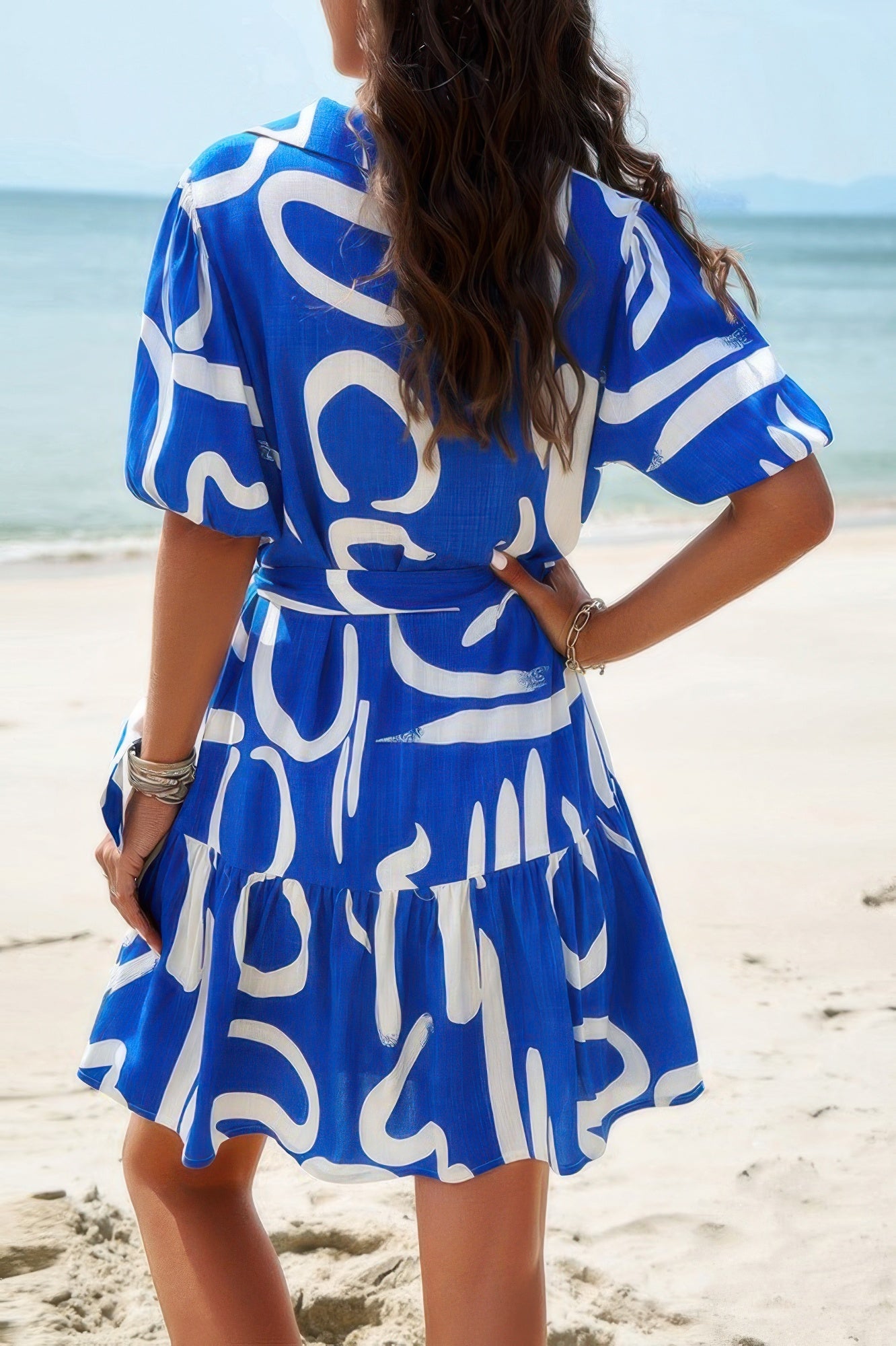 Random Print Button Down Belt Ruffle Midi Dress
