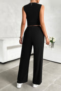 Solid Round Neck Sleeveless Drawstring Pockets Set