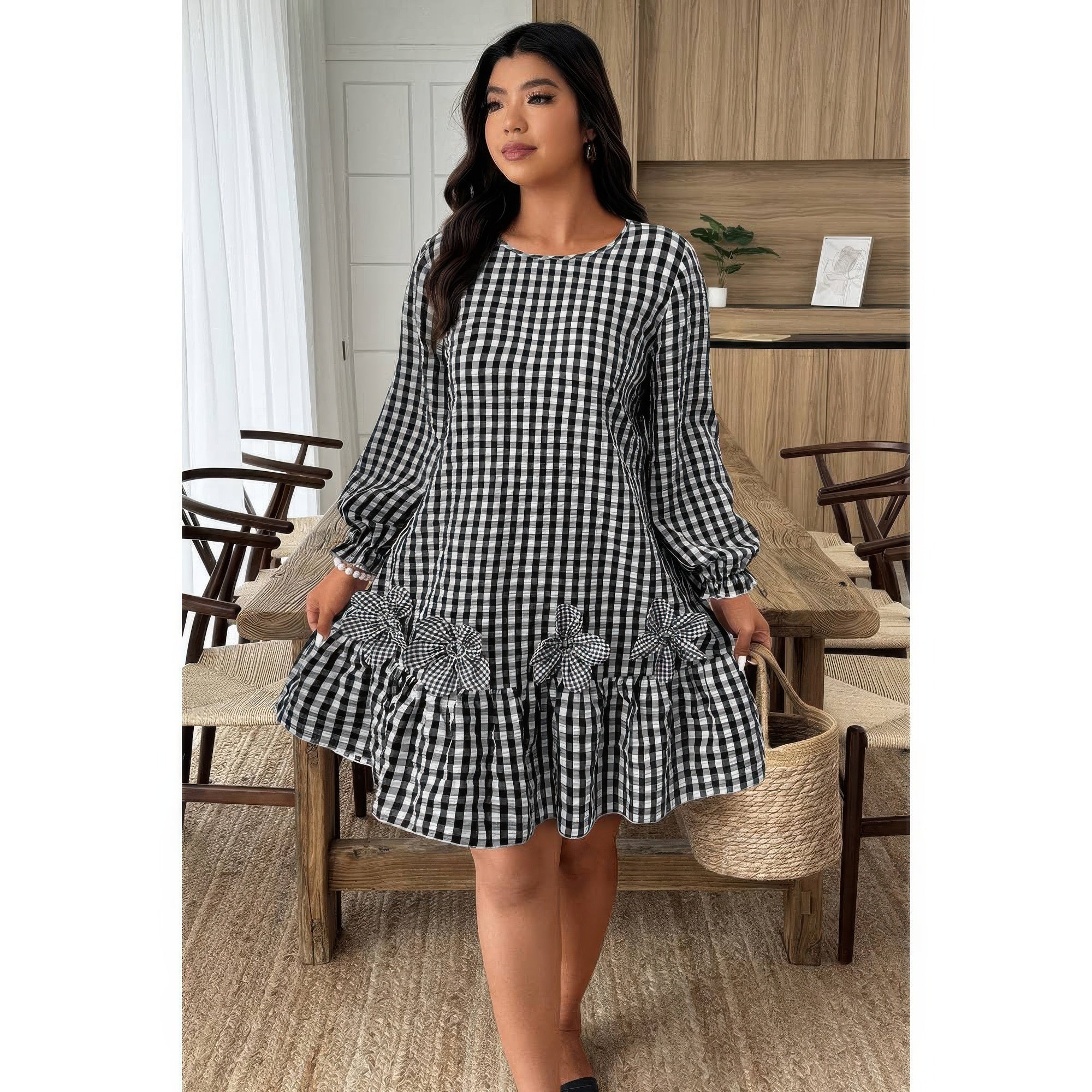Plaid Round Neck Floral Cut Dress