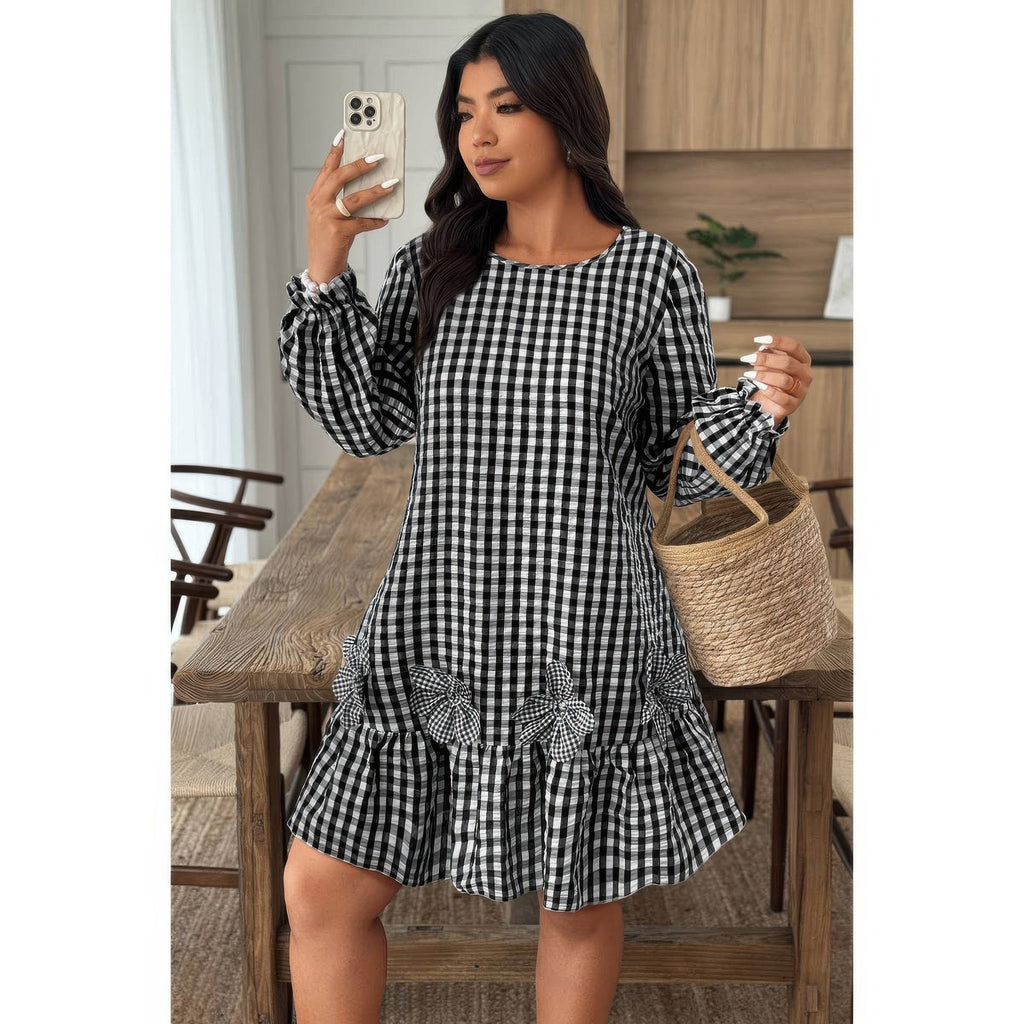 Plaid Round Neck Floral Cut Dress