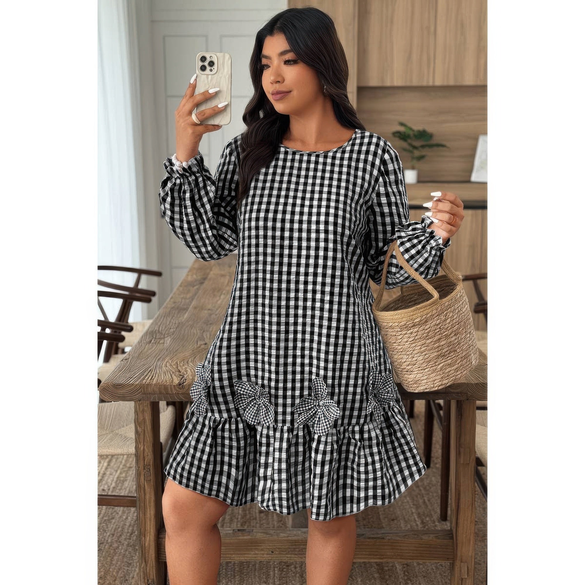 Plaid Round Neck Floral Cut Dress