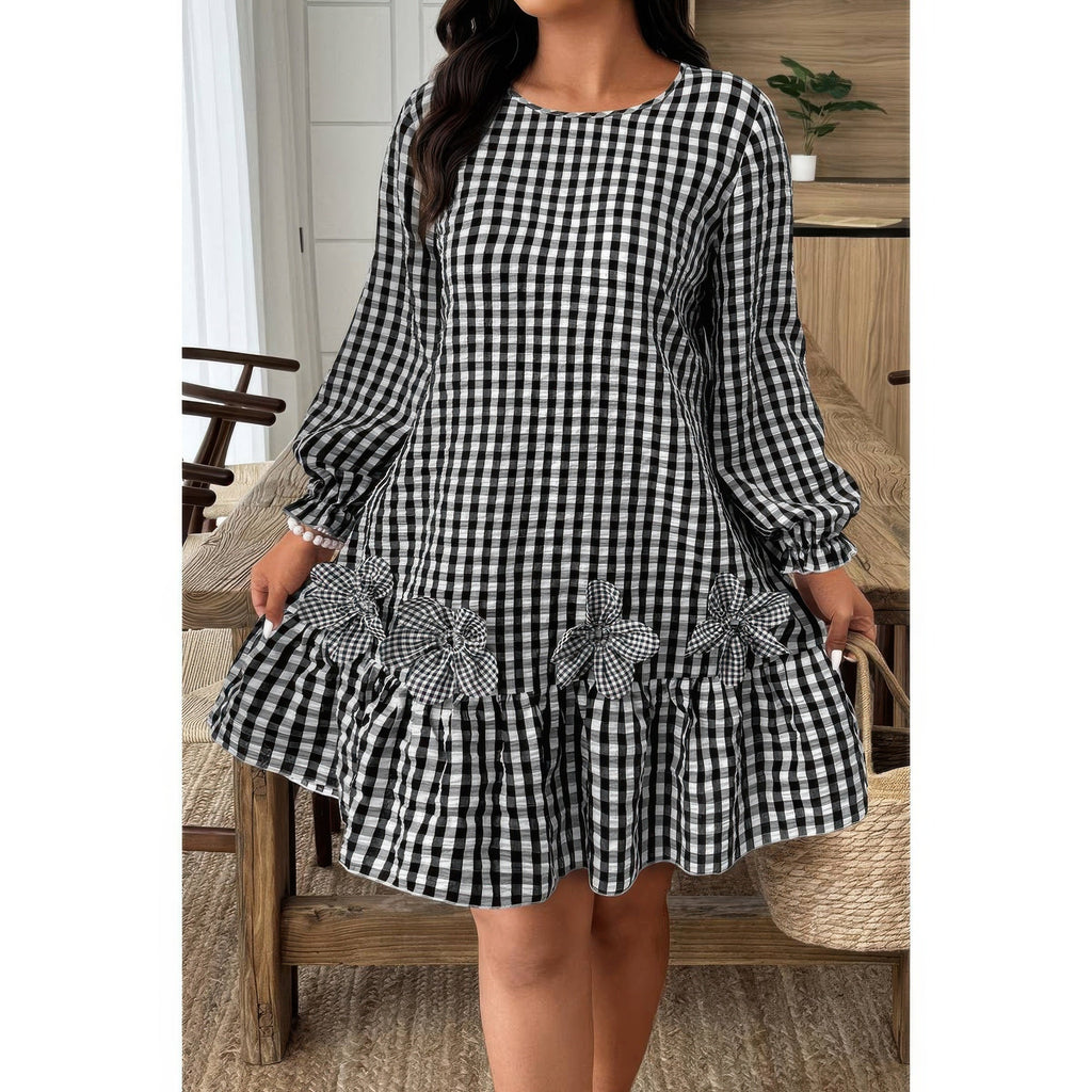 Plaid Round Neck Floral Cut Dress