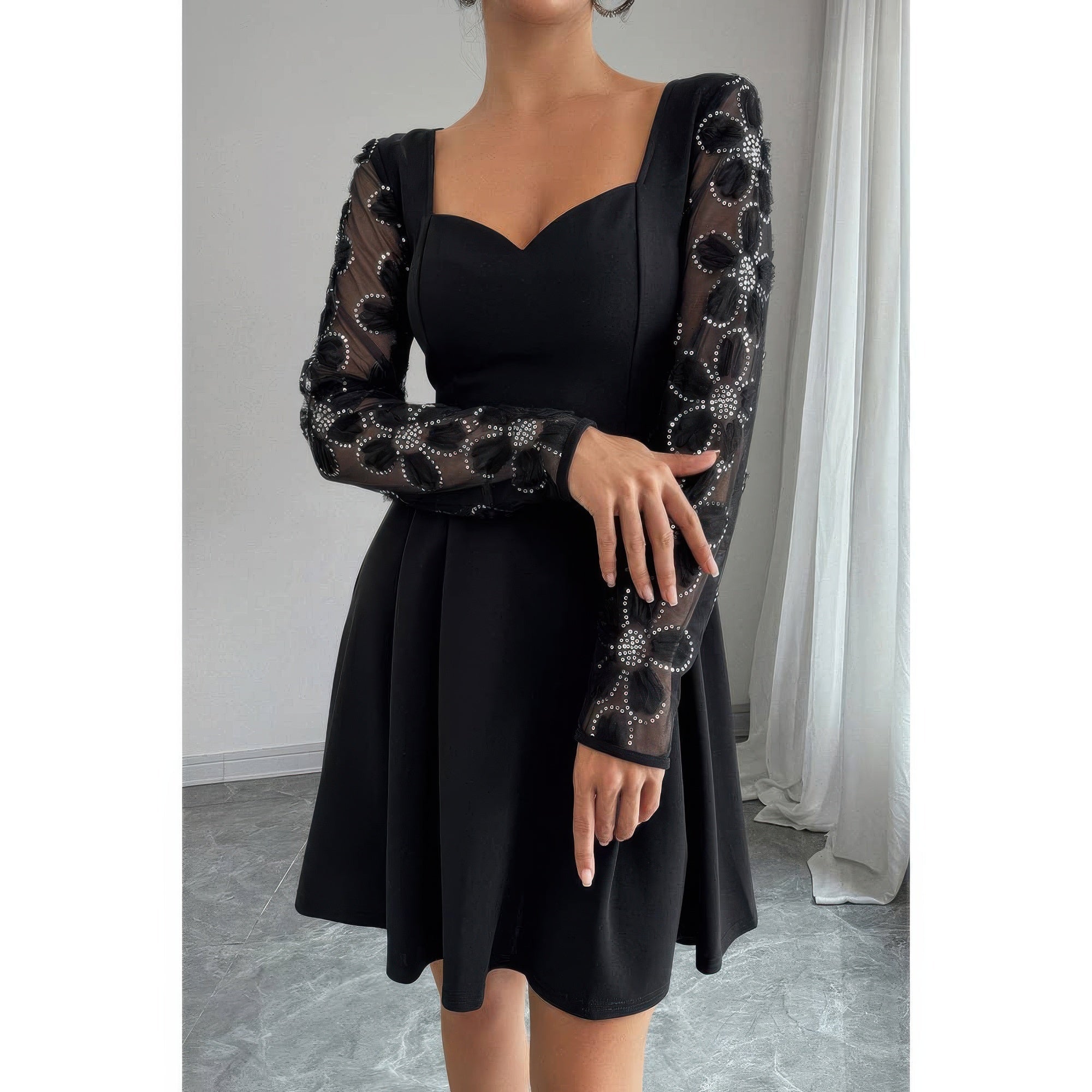 Elegant Lace Panels Sequins Dress