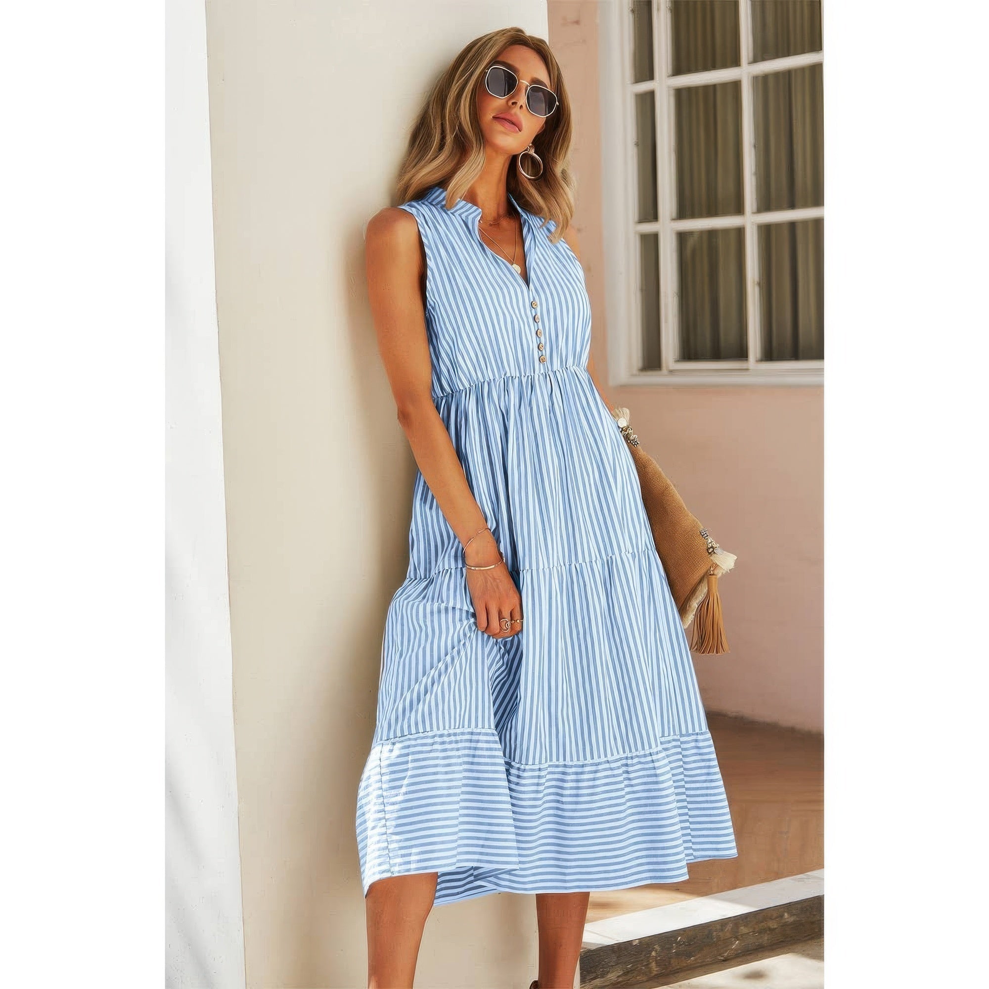 Strip Sleeveless V Neck A Line Color Block Dress