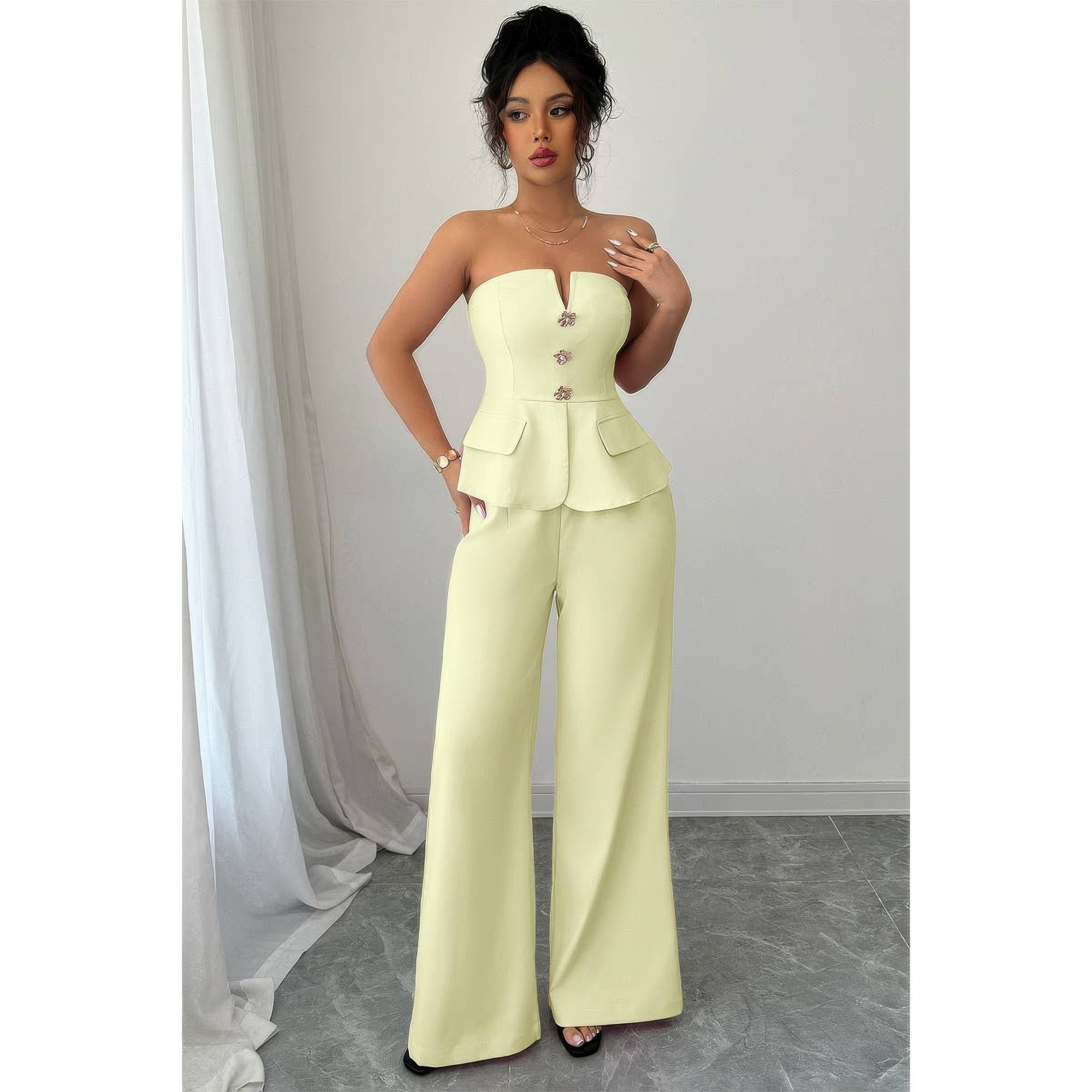 Off Shoulder Waist Cinched Wide Leg Sets