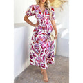 Puff Sleeves V Neck Floral Printed Midi Dress