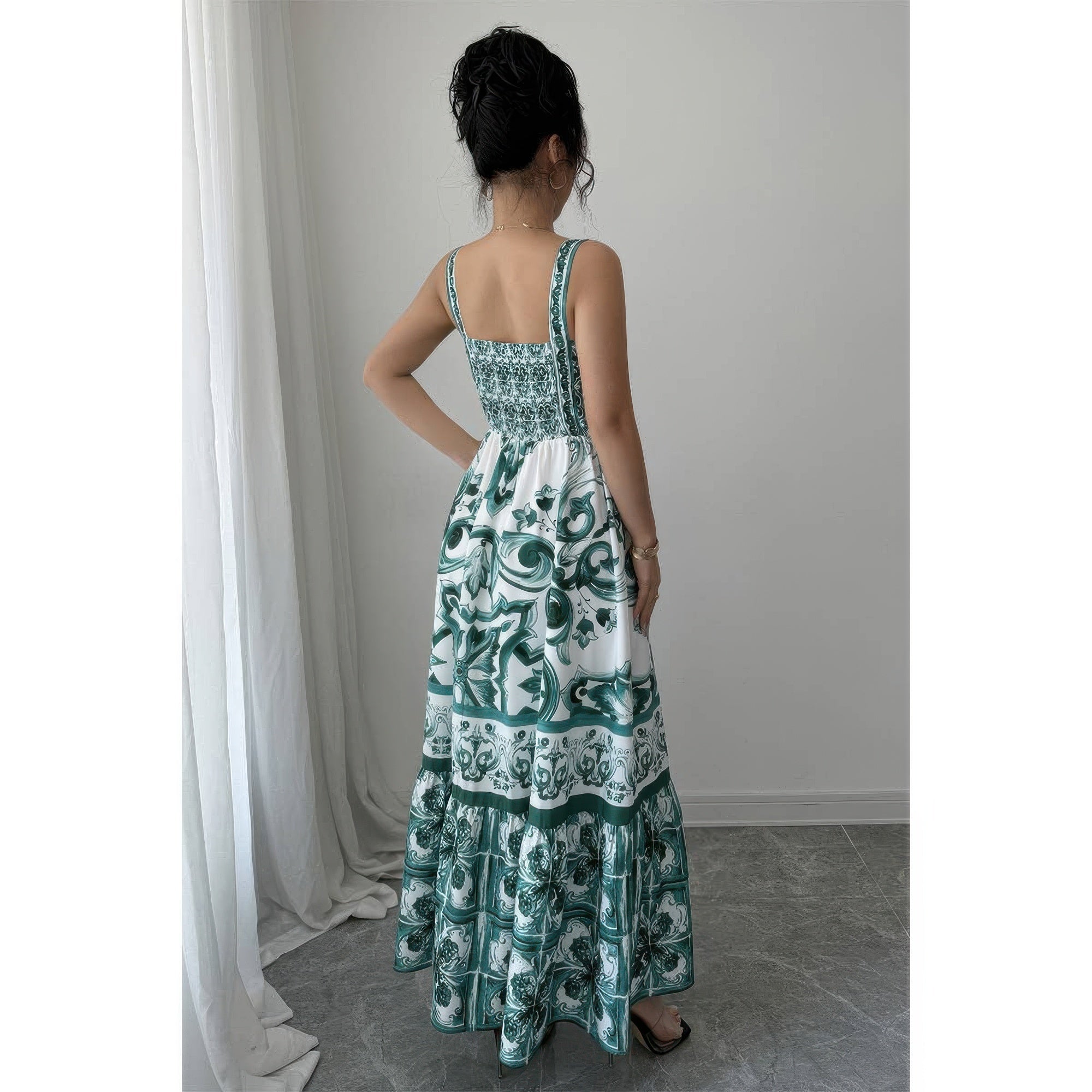 Sleeveless A Line Suspender Printed Long Dress