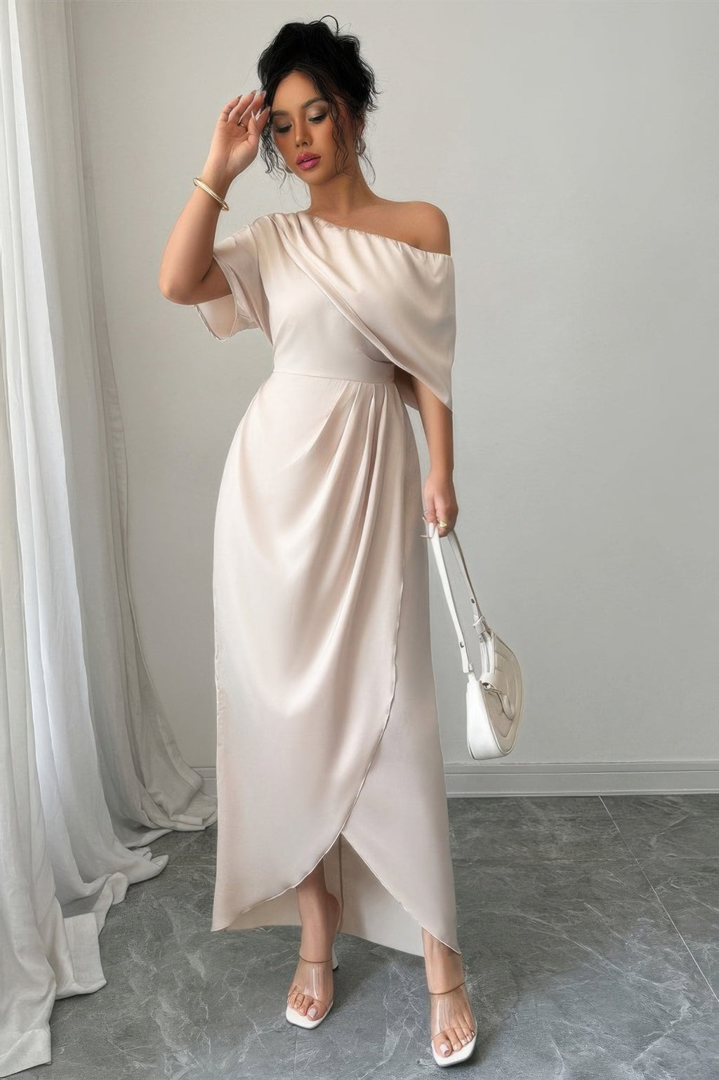 Solid One Shoulder Cross Ruched Dress