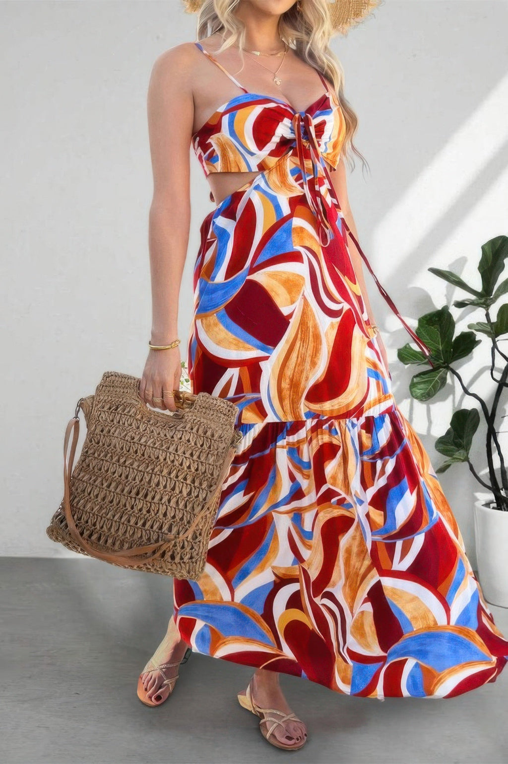 Sleeveless Front Knot Ruched Cut Out Long Dress