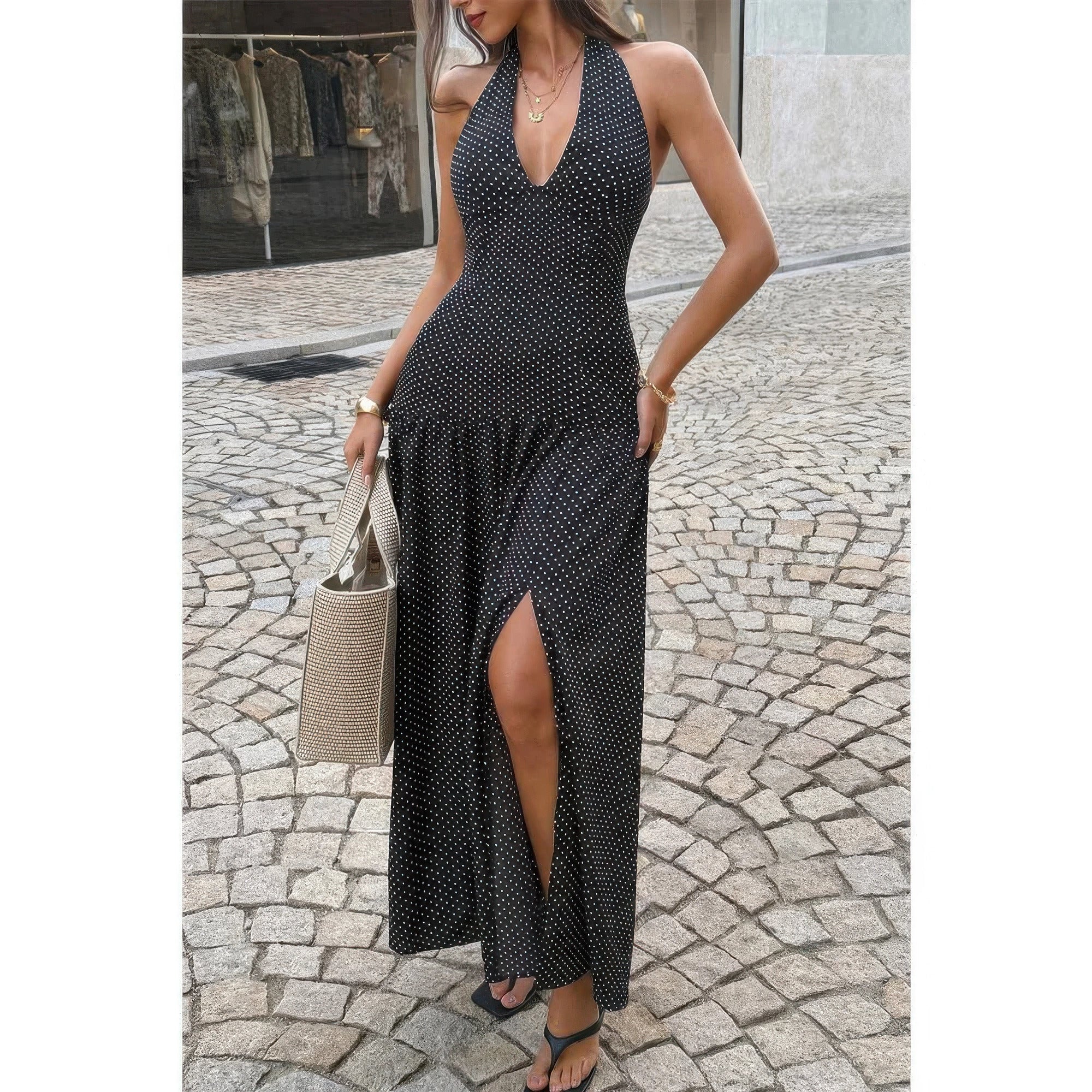 Polka Dot Vintage Halter Neck Maxi Dress