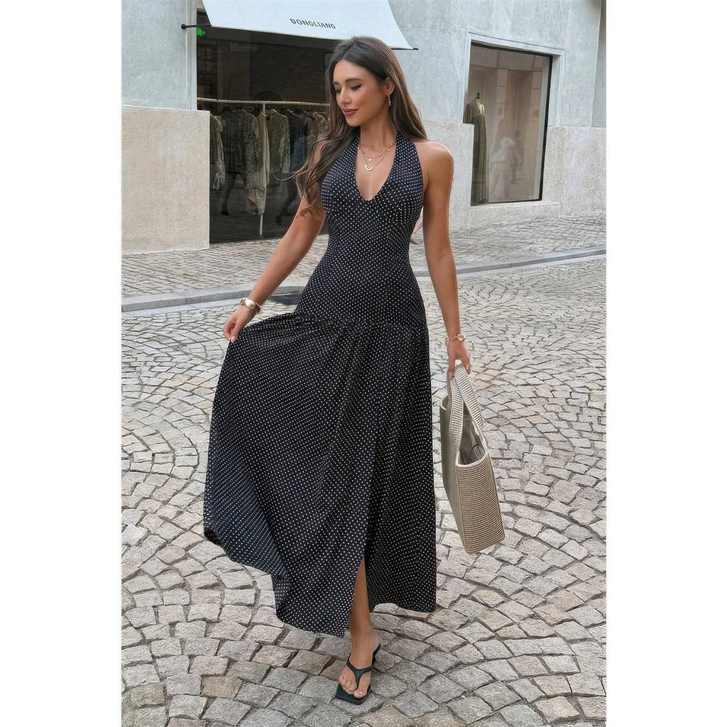Polka Dot Vintage Halter Neck Maxi Dress